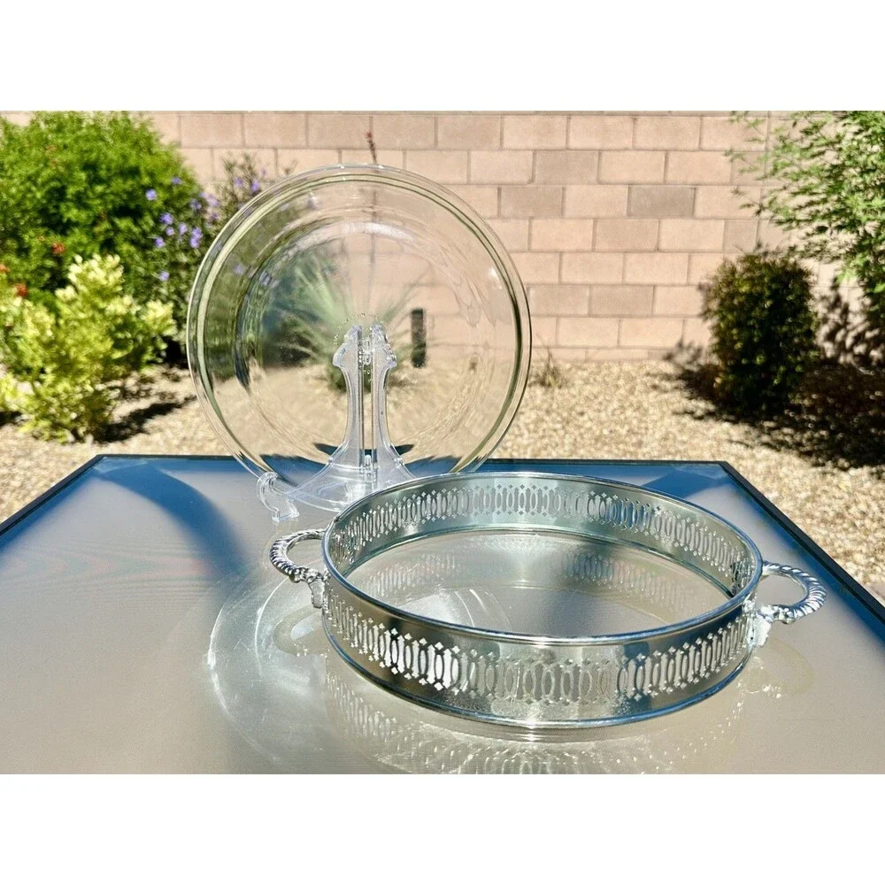International Silver Co Silver Plated Ring Pie Holder Anchor Hocking Glass Dish